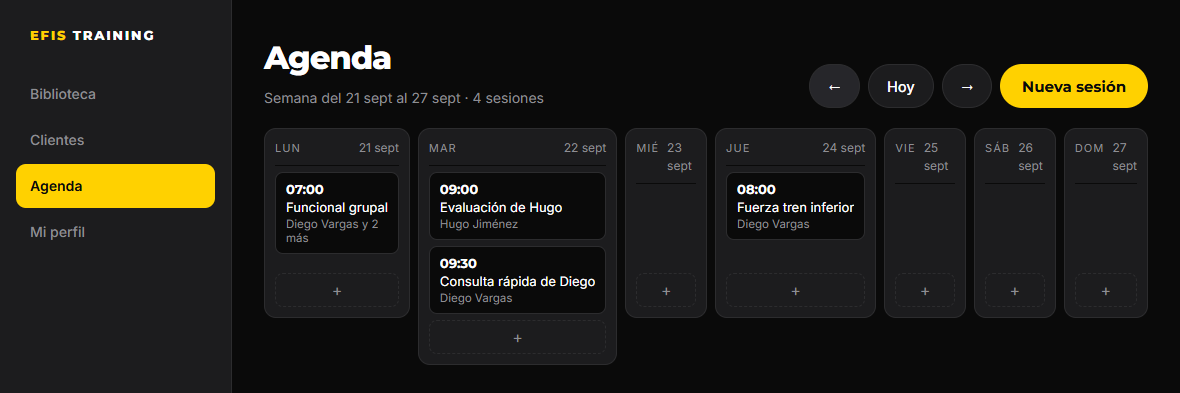 La agenda semanal de la consola: siete columnas de lunes a domingo, con cuatro sesiones agendadas esa semana.