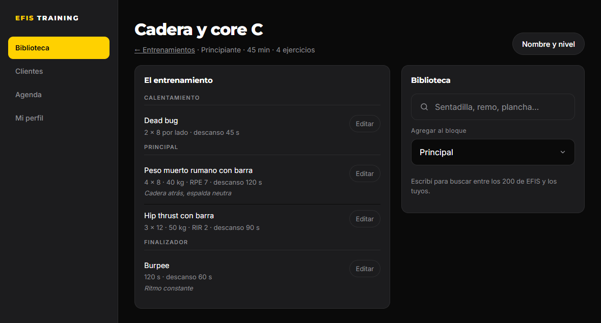 El editor de entrenamiento de la consola: el entrenamiento «Cadera y core C» con sus bloques de calentamiento, principal y finalizador, y a la derecha la biblioteca de ejercicios con un buscador.