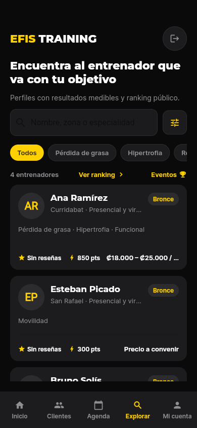 Marketplace de EFIS Training en la app: entrenadores con su especialidad, zona y puntos.